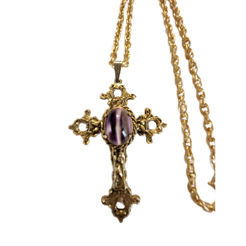 Vintage Crown Trifari Gothic Amethyst Cabochon Cross Pendant Necklace